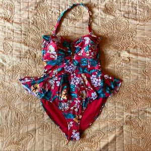 Forever21 PLUS one piece, detachable HALTER, ruffle swimsuit. Tropical and girly